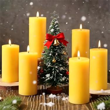 Imagem de Pacote com 6 velas de pilar de cera de abelha, 5 x 10 cm, 100% puro orgânico, queima longa 210H, sem cheiro, sem gotejamento, sem fumaça para casa, oração, festas