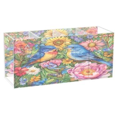 Imagem de SEHANY Lindo porta-canetas de acrílico com flores em aquarela, pássaro, 4 compartimentos, porta-lápis transparente, organizador de pincéis de maquiagem, organizador de papelaria para escritório, casa
