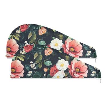 Imagem de SEHANY Toalha de cabelo de microfibra com flores coloridas elegantes para mulheres, 2 peças, turbantes de cabelo de secagem rápida com botão, touca de cabelo seco absorvente, toalha de secagem de