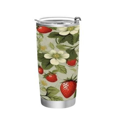 Imagem de Blueangle Copo de 590 ml com tampa e canudo, copo de café com água isolada a vácuo de aço inoxidável, caneca de viagem com padrão de flor de morango, copo térmico para bebidas quentes e frias(89)