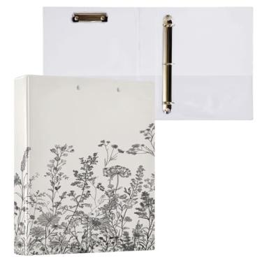 Imagem de Blueangle Fichário de 3 anéis de flores pretas e brancas com prancheta e 2 bolsos - Organizador de documentos decorativos de 3 cm para escritório, suprimentos para reuniões (842)
