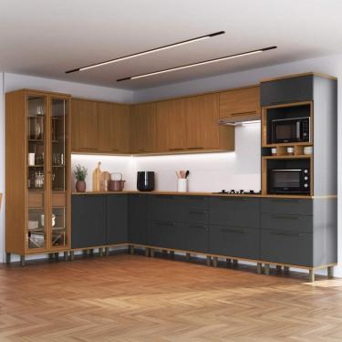 Imagem de Cozinha Modulada Completa  Fidelitá França 10 Peças 565cm 18 Portas 5 Gavetas Com Tampo Freijó/grafite