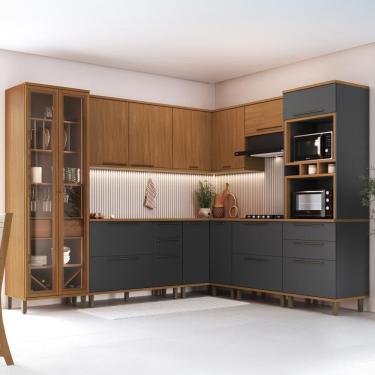 Imagem de Cozinha Modulada Completa Fidelitá França 8 Peças 524cm 16 Portas 5 Gavetas Com Tampo Freijó/grafite