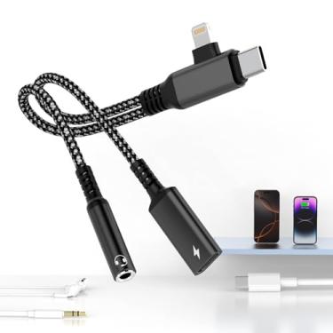 Imagem de Opluz Lightning&USB C para fone de ouvido e adaptador de carregador de 3,5 mm, USB C 2 em 1 para conector de áudio auxiliar e divisor de cabo dongle de carregamento rápido tipo C de 60 W compatível