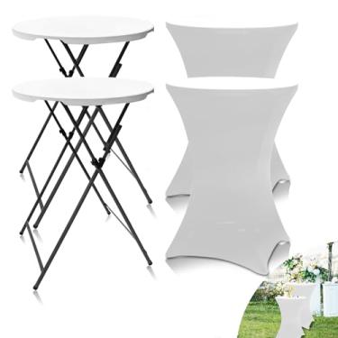 Imagem de THESEATOP 2 mesas de coquetel + 2 toalhas de mesa de 81 cm, toalhas de mesa de coquetel brancas e elastano, toalhas de mesa altas de barra redonda para uso interno e externo (2 + 2 brancas/2 capas + 2