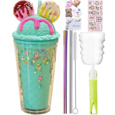 Imagem de windyswag Copos de viagem de orelha de biscoito com canudos, sorriso, donut, gelo, bebidas, garrafa de água, caneca de café infantil brilhante, copo de plástico reutilizável, presente de aniversário