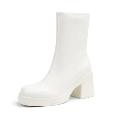 Imagem de Soesyi Bota feminina de cano médio com bico quadrado elástico na panturrilha e plataforma despojada de camurça com zíper e salto grosso, Branco, 40