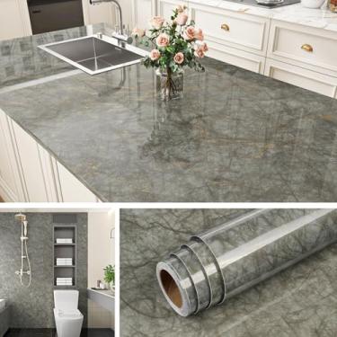 Imagem de Livelynine 40 x 500 cm papel de contato de bancada laminado papel de parede de mármore verde e dourado descasque e cole bancadas capas de bancada de cozinha à prova d'água Backsplash capa de mesa de