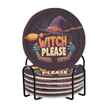 Imagem de STAYTOP 6 peças de porta-copos com suporte, chapéu de bruxa e vassoura de algodão absorvente para decoração de mesa de café, acessórios de bar