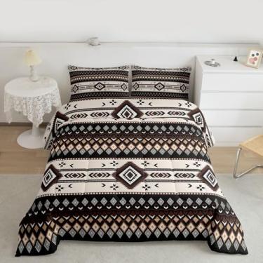 Imagem de jejeloiu Conjunto de edredom geométrico boêmio, tamanho Queen, asteca, tribal, ocidental, étnico, indiano, boêmio, decoração de quarto, cáqui, 3 peças com 2 fronhas