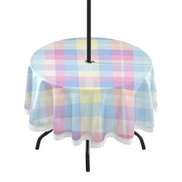 Imagem de CEBUGI Toalha de mesa redonda para uso externo, colorido, quadriculado, impermeável, com furo Umberlla, capa de mesa lavável para pátio, cozinha, sala de jantar, 152 cm