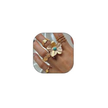 Imagem de Mexegy Conjunto de anéis de flores plissadas turquesa folheados a ouro, conjunto de anéis de dedo com junta empilhável ajustável aberto e ajustável, acessórios de joias de festa, presente para