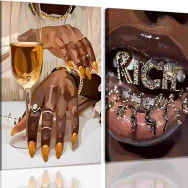 Imagem de 2 peças emolduradas meninas negras afro-americanas decoração de arte de parede mulheres rosa e cinza pinturas abstratas moda mulheres negras quadros pôsteres para sala de estar quarto banheiro