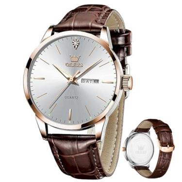 Imagem de OLEVS Relógios masculinos com pulseira de couro, vintage, clássico, fácil leitor, algarismos arábicos, quartzo, à prova d'água, data e dia, azul/preto/branco, mostrador grande, relógios de pulso