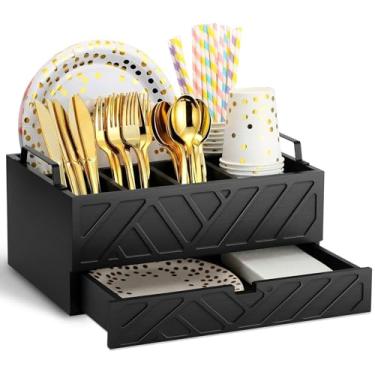 Imagem de Fiwochic Dispensador de pratos de papel de madeira com gaveta – 5 compartimentos para utensílios de prata, divisórias e alças removíveis, organizador de talheres rústico preto para cozinha, festa