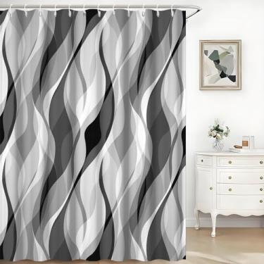 Imagem de TTQYFNM Cortina de chuveiro cinza, preta, branca, cinza, linhas onduladas, abstratas, geométricas, listradas, minimalistas, para banheiro, decoração de banheira, tecido impermeável, conjunto de