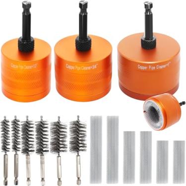 Imagem de Conjunto de limpador de tubos de cobre de 1/5.1 cm, 3/10.2 cm e 2.5 cm para broca, com haste sextavada de 0,6 cm, 6 lâminas de limpeza substituíveis e 6 escovas de fio de aço inoxidável, ferramenta de