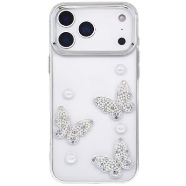 Imagem de DMaos Capa para iPhone 17, lindo design de borboleta de peras de diamante, capa de borracha macia com strass brilhante para 6,3 polegadas 2025