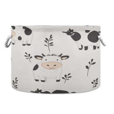 Imagem de JUZIHAI Cesta de armazenamento dobrável com estampa de vaca cesto de roupa suja para bebês com alças de corda de algodão, caixa de brinquedos dobrável, organizador de armário para quarto, berçário