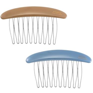 Imagem de 2 peças de pente lateral de cabelo colorido fofo para mulheres azul marrom claro esmalte clipe de dente francês torcido pente de cabelo com aderência de dentes para presentes decorativos de acessórios
