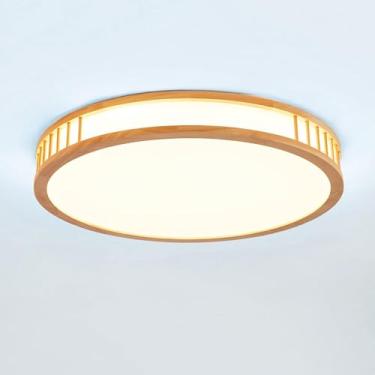 Imagem de Luminária de teto LED com acabamento em madeira, luz branca 6000K, design nórdico plano e redondo, ideal para sala de estar, quarto, cozinha, restaurante, corredor, iluminação interna de 40