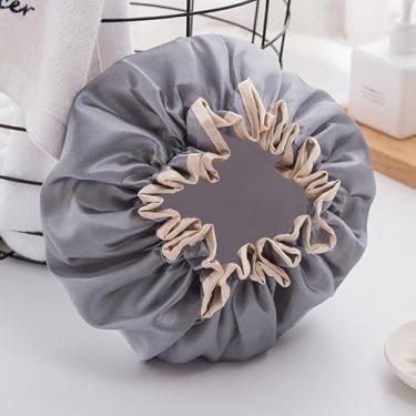 Imagem de 1 touca de banho impermeável de camada dupla para mulheres, cor sólida, reutilizável, fácil de limpar, touca de banho chapéu Banie (cinza)