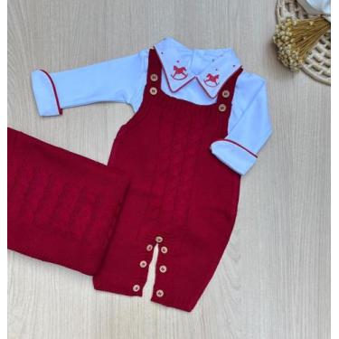 Imagem de Saída Maternidade Menino Cavalinho Tricot Premium 3 Peças Jardineira +