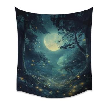 Imagem de Tapeçaria de parede de vaga-lumes florestais iluminados pela lua, tecido macio, brilho sonho, vibrante, noturno, encantado, floresta, ambiente relaxante, ambiente aconchegante, quarto, sala de estar