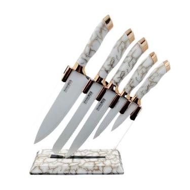 Imagem de Conjunto de Facas Branco Estilo Mármore com Suporte -  6 peças - Prime