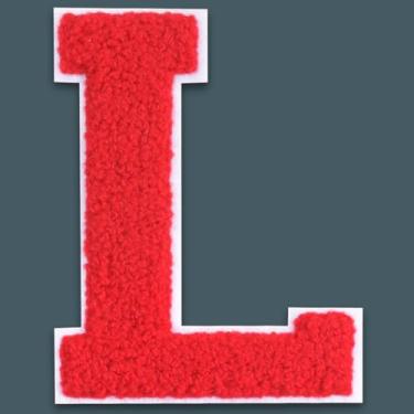 Imagem de QianSiLi Adesivos de letras universitárias de chenille vermelho de 15 cm, letras grandes para jaquetas Letterman, moletons com capuz, mochilas, coletes, roupas, adesivos individuais de letra L