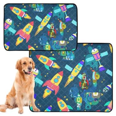 Imagem de Tapetes laváveis para cães reutilizáveis e gatos de estimação, tapete de desenho animado colorido foguete azul absorvente de espaço tapete de parto impermeável para cães, fofo, médio + grande