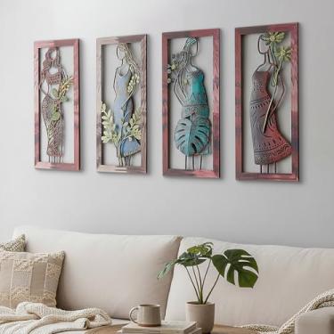 Imagem de Newinhome Pacote com 4 arte de parede de metal boho, arte de parede feminina abstrata 3D Boho metal abstrata, arte feminina abstrata, decoração de sala de estar, decoração de quarto boêmio para quarto