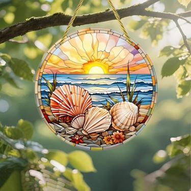 Imagem de Acrílico colorido Suncatcher, conchas de vitral na praia do pôr do sol 17,78 cm, decoração de parede de janela suspensa com design de vitral impresso, ideia de presente e ornamento de jardim, uso