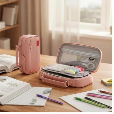 Imagem de Estojo Escolar Organizador Infantil 2 Divisórias Internas 3 Compartimentos Zíper Interno Organizadora Lapis e Canetinhas Necessaire Viagem Feminino Masculino (rosa claro)