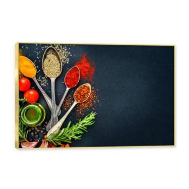 Imagem de NHLDZYH Moldura dourada. Arte de parede em tela de especiarias coloridas e colher de tempero | Decoração de cozinha vintage | Arte moderna para casa e sala de jantar. C15. 40 x 60 cm - 15,8 x 23,7 pol