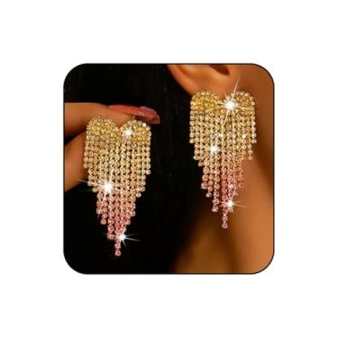 Imagem de WCRAZYE Brincos de coração de strass para mulheres, colorido, casamento, noiva, cristal, candelabro, coração, borla, Small, Liga de aço, Sem pedra preciosa