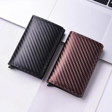 Imagem de Carteira masculina fina de fibra de carbono – Suporte de cartão de alumínio com bloqueador, carteira pop-up para cartão de crédito para armazenamento seguro e compacto, Marrom, Retrô
