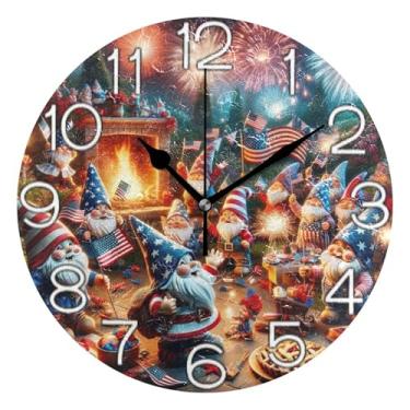 Imagem de Relógio de parede analógico decorativo escritório cozinha relógio redondo sem tique-taque silencioso, retro moderno art déco decoração de parede, gnomos do dia da independência dos EUA, 25 cm