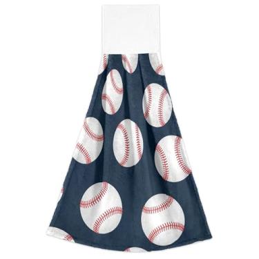 Imagem de Conjunto de 2 toalhas de mão brancas de beisebol azul marinho para pendurar no outono, toalha de prato ultra absorvente, toalha de cozinha decorativa 45 x 35 cm