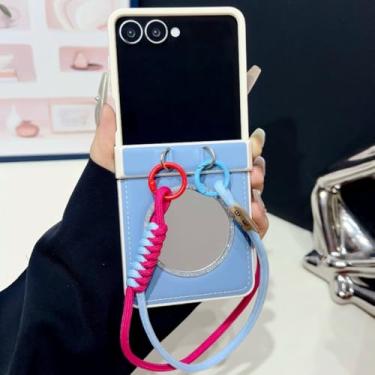 Imagem de Capa de couro espelhado de luxo para Samsung Galaxy Z Flip 3 4 5 6 7 5g Zflip7 Fe Flip6 com cordão e proteção para dobradiça (para Galaxy Z Flip4/Azul Celeste)