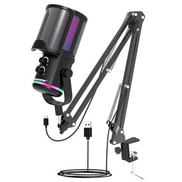 Imagem de Nuoxiange Microfone condensador USB para jogos com luz RGB, braço boom ajustável, botão mudo, conector de fone de ouvido e microfone de som transparente cardioide para PC PS5 Streaming Podcasting