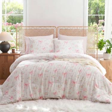 Imagem de CCoutueChen Jogo de cama queen com laço rosa, floral, rosa, para meninas, crianças, fofo, romântico, estilo princesa, laço, ultramacio, jardim, flor, conjunto de edredom com 2 fronhas