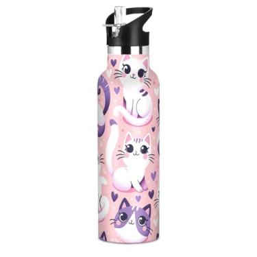 Imagem de Joisal Garrafas de água isoladas para meninas de 590 ml com tampa de palha, garrafa de água de aço inoxidável com corações de gatos fofos para escola com alça, copos infantis sem BPA