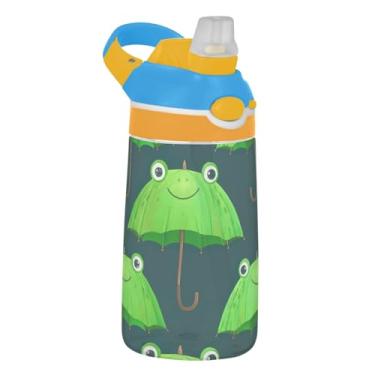 Imagem de Garrafa de água infantil Tritan de 473 ml com tampa de palha, garrafa de água esportiva reutilizável para escola, à prova de vazamento, copo infantil de 473 ml, alça de transporte, guarda-chuva verde