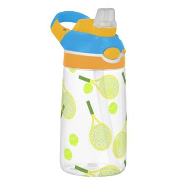 Imagem de Garrafa de água esportiva infantil de 473 ml com tampa de palha, garrafa de água Tritan reutilizável de 473 ml, copo infantil portátil à prova de vazamento, alça de transporte, raquete de desenho