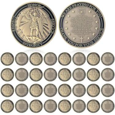 Imagem de Quelay 40 peças de moedas de desafio policial São Miguel Moedas de Desafio de Aplicação da Lei em massa Policiais Oração Abençoada Patrono Saint Coin Presentes para Homens Mulheres Veteranos (estamos