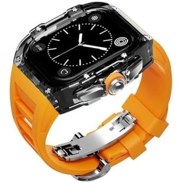 Imagem de BUDAY Capa de relógio transparente de luxo + kit de modificação de pulseira de relógio fluororubber para Apple Watch Band 8 7 6 5 4 SE 45 mm 44 mm capa de policarbonato pulseira esportiva (H,45 mm)