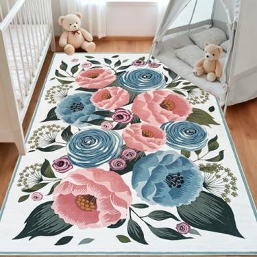 Imagem de Lacomfy Tapete floral lavável, 10 x 15 cm, vintage, flor azul, para sala de estar, antiderrapante, macio, minimalista, lindo tapete infantil para quarto, sala de jogos, berçário, sala de jantar
