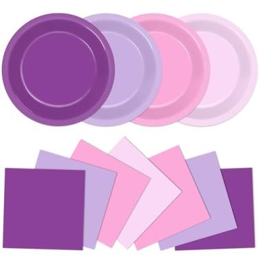 Imagem de 100 peças de decoração de chá de bebê roxo rosa 18 cm gradiente roxo pratos de papel descartáveis e guardanapos lavanda festa sobremesa bolo jantar utensílios de mesa casamento chá de panela revelar