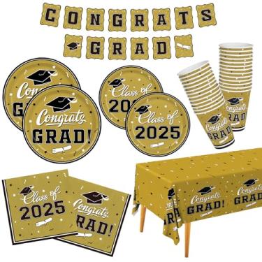 Imagem de Artigos de festa de formatura 2022, conjunto de louça de festa de formatura dourado, pratos de papel descartáveis, guardanapos, copos, toalha de mesa, banner para decoração de festa de graduação, serve 25 anos